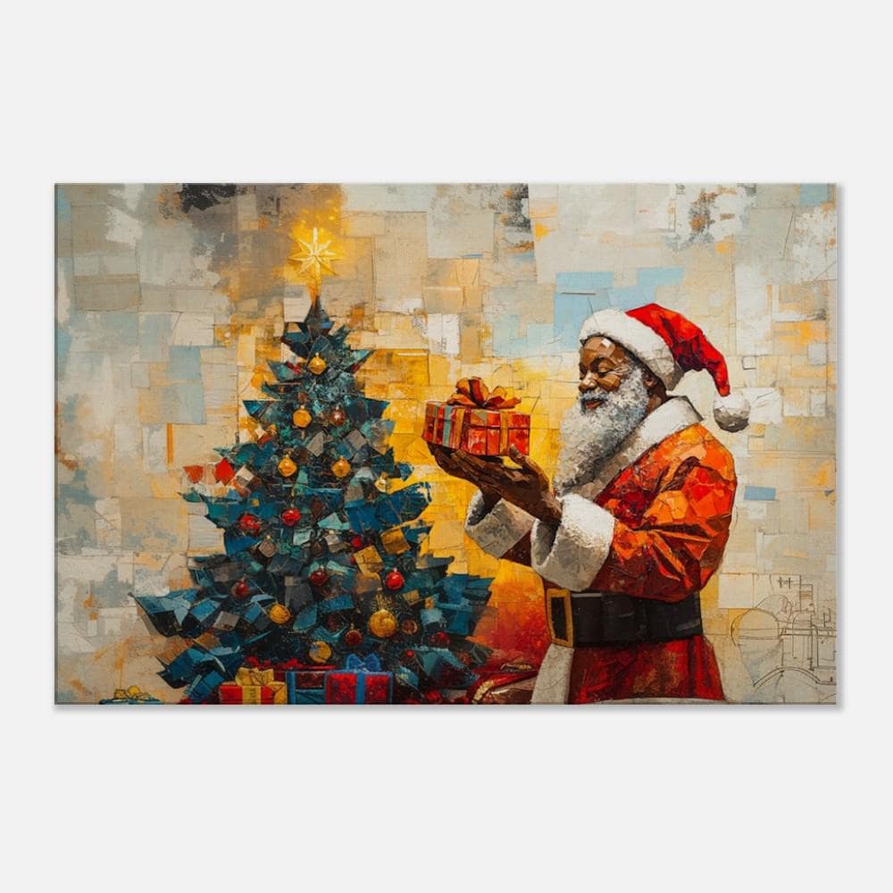 Black Santa Holding a Gift by Christmas Tree | African American Holiday Art | Festive Christmas Wall Decor | Cozy Winter Gift for Home