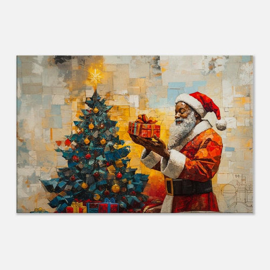 Black Santa Holding a Gift by Christmas Tree | African American Holiday Art | Festive Christmas Wall Decor | Cozy Winter Gift for Home