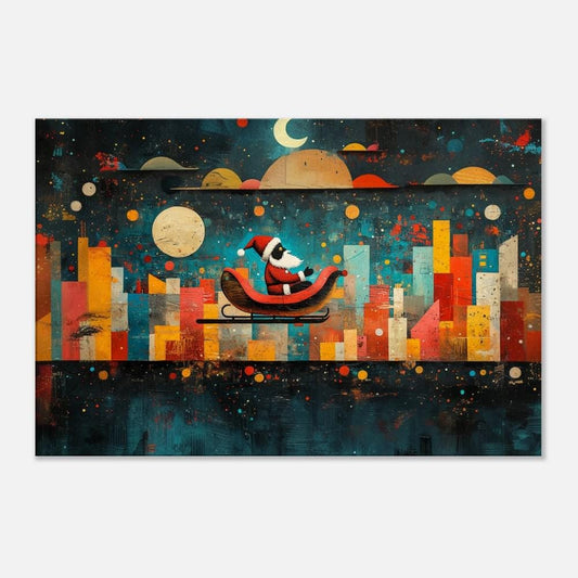 Black Santa Flying Over City | Modern Christmas Art | Festive Abstract Holiday Decor | Sleigh Ride Night Scene | Cozy Winter Wall Decor