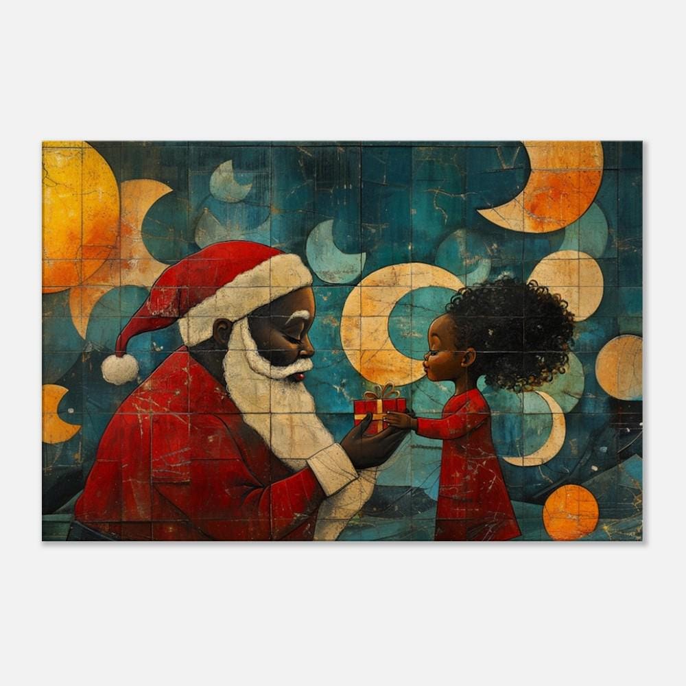 Celestial Black Santa canvas art, vibrant depiction of Black Santa against a starry night, perfect African American wall art.