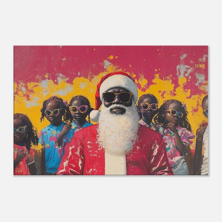 Black Santa summer vibes canvas art, vibrant depiction celebrating African American wall art culture.