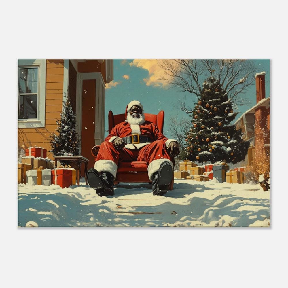 Black Santa Relaxing in Snowy Front Yard | Kerry James Marshall-Inspired Christmas Art | African American Holiday Wall Art | Winter Scene