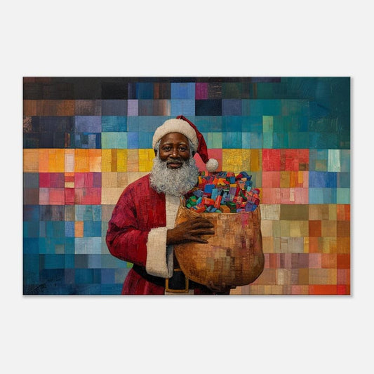 Black Santa with Gifts | Faith Ringgold-Inspired Quilt Art | Holiday Canvas Print | African American Christmas Décor | Black Wall Art