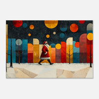Black Santa abstract winter scene as vibrant canvas art, perfect for holiday decor as African American wall art.