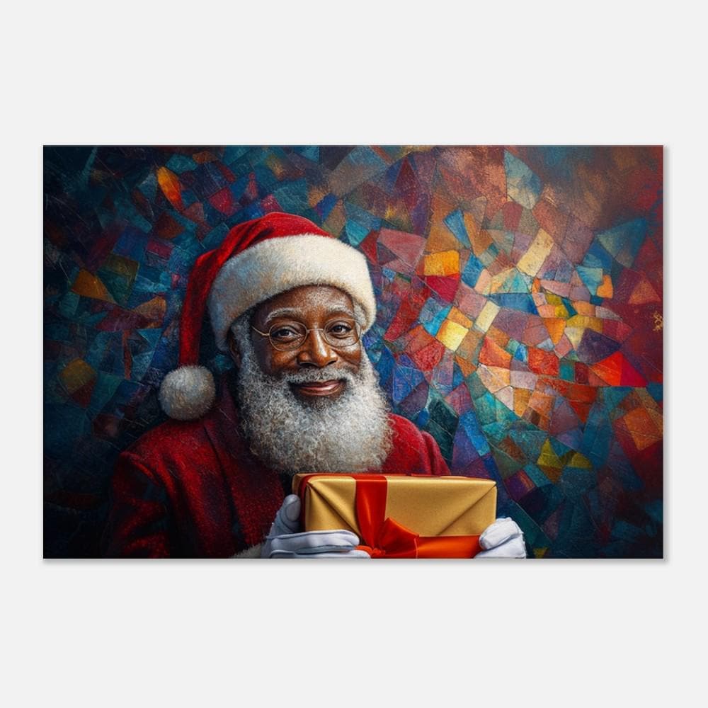 Black Santa Holding Golden Gift | Colorful Mosaic Christmas Art | African American Holiday Canvas | Festive Christmas Wall Art