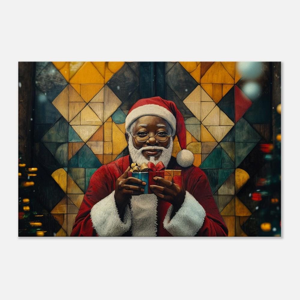 Black Santa Holding Christmas Gifts | African American Holiday Art | Festive Christmas Canvas | Joyful Santa Scene for Holiday Decor