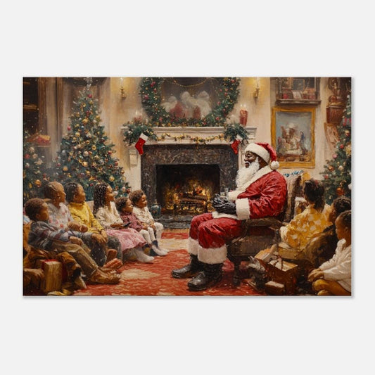 Black Santa Visiting with Children | African American Christmas Art | Cozy Holiday Scene Canvas | Festive Family Christmas Decor