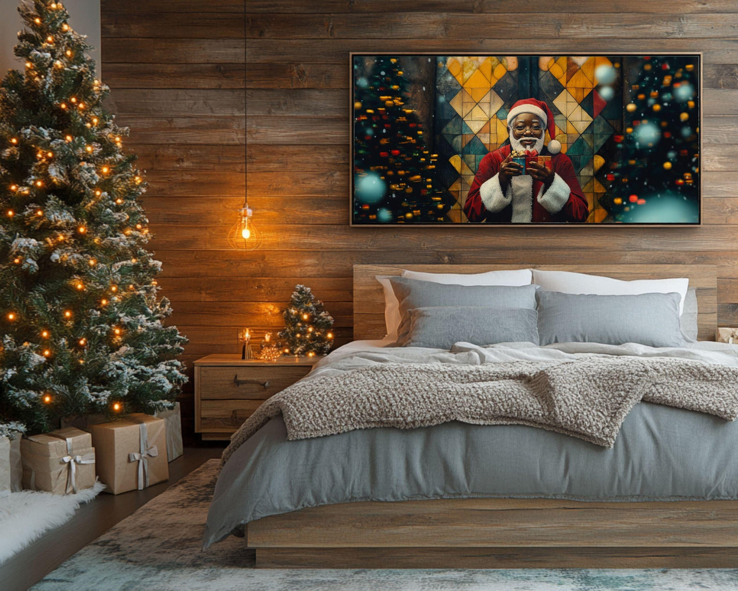 Black Santa Holding Christmas Gifts | African American Holiday Art | Festive Christmas Canvas | Joyful Santa Scene for Holiday Decor