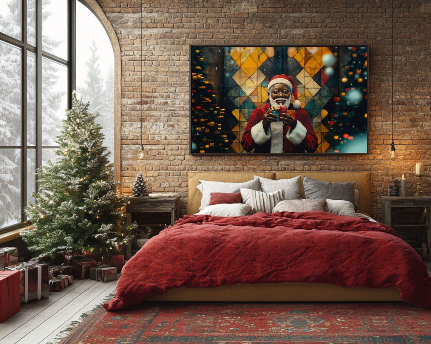 Black Santa Holding Christmas Gifts | African American Holiday Art | Festive Christmas Canvas | Joyful Santa Scene for Holiday Decor