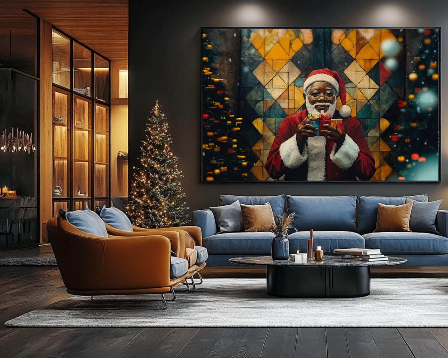 Black Santa Holding Christmas Gifts | African American Holiday Art | Festive Christmas Canvas | Joyful Santa Scene for Holiday Decor