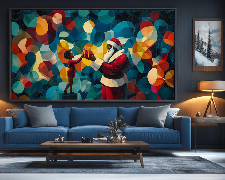 Black Santa Giving Gift to Child African American Christmas Wall Art