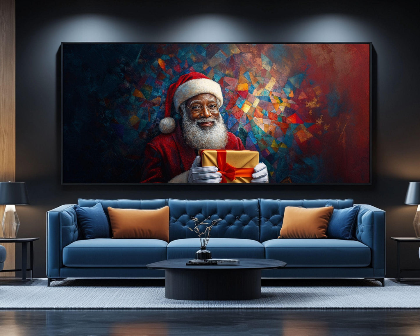 Black Santa Holding Golden Gift | Colorful Mosaic Christmas Art | African American Holiday Canvas | Festive Christmas Wall Art