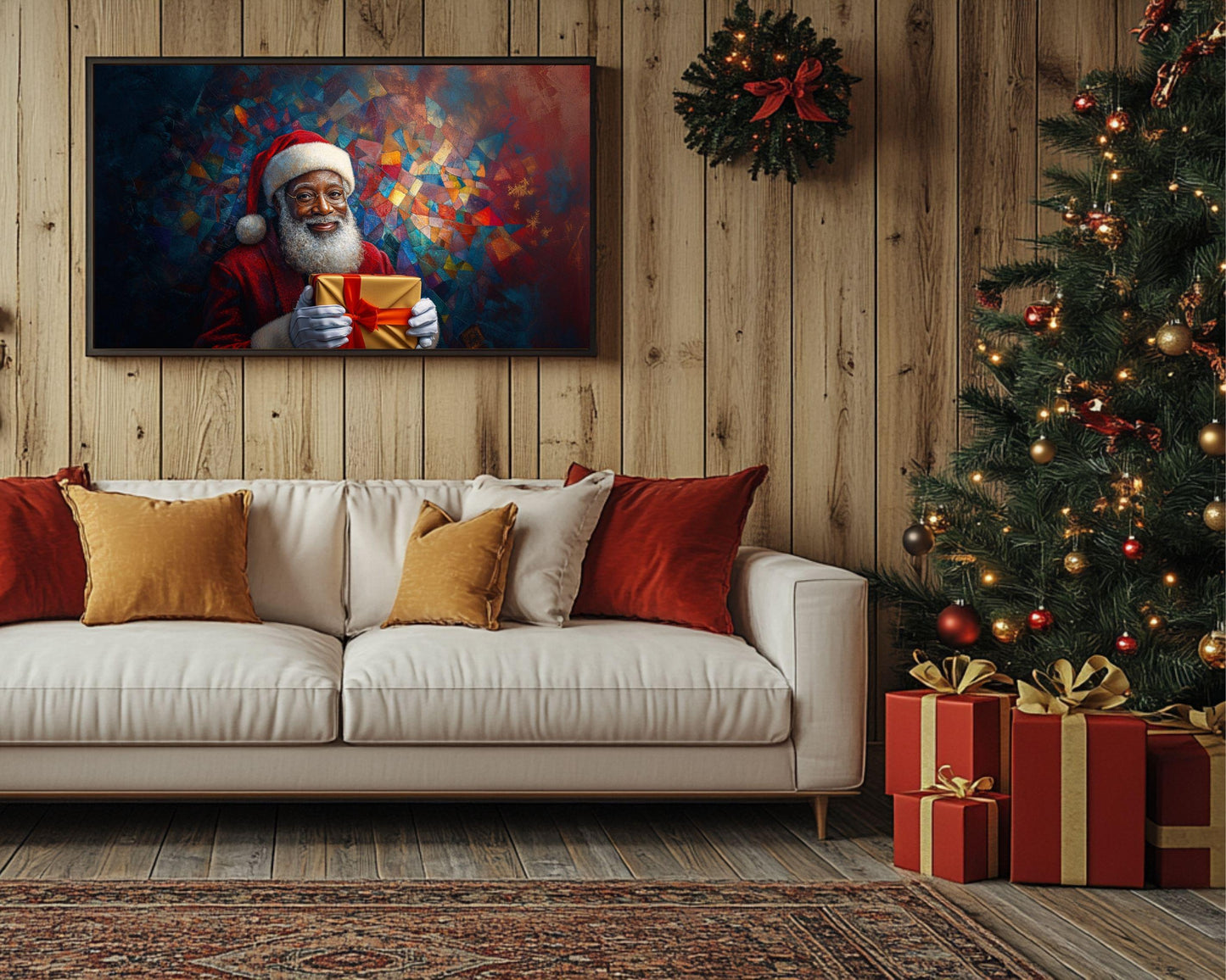 Black Santa Holding Golden Gift | Colorful Mosaic Christmas Art | African American Holiday Canvas | Festive Christmas Wall Art