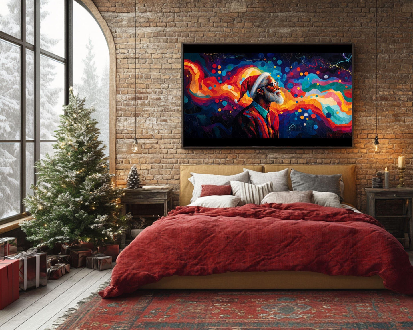 Colorful Black Santa Abstract Art | Christmas Wall Art | African American Holiday Art Print | Happy Festive Santa Art | Modern Christmas Art