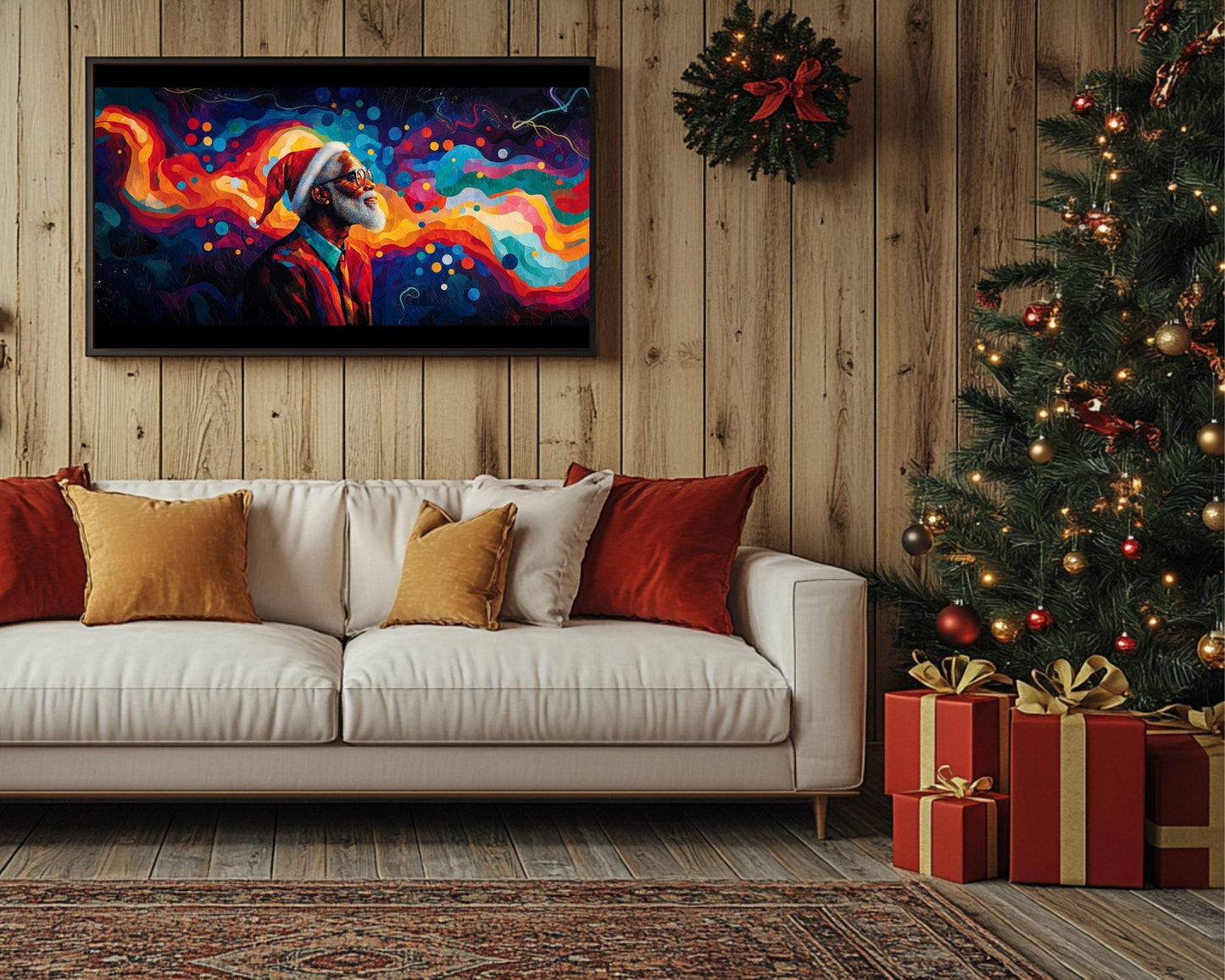 Colorful Black Santa Abstract Art | Christmas Wall Art | African American Holiday Art Print | Happy Festive Santa Art | Modern Christmas Art