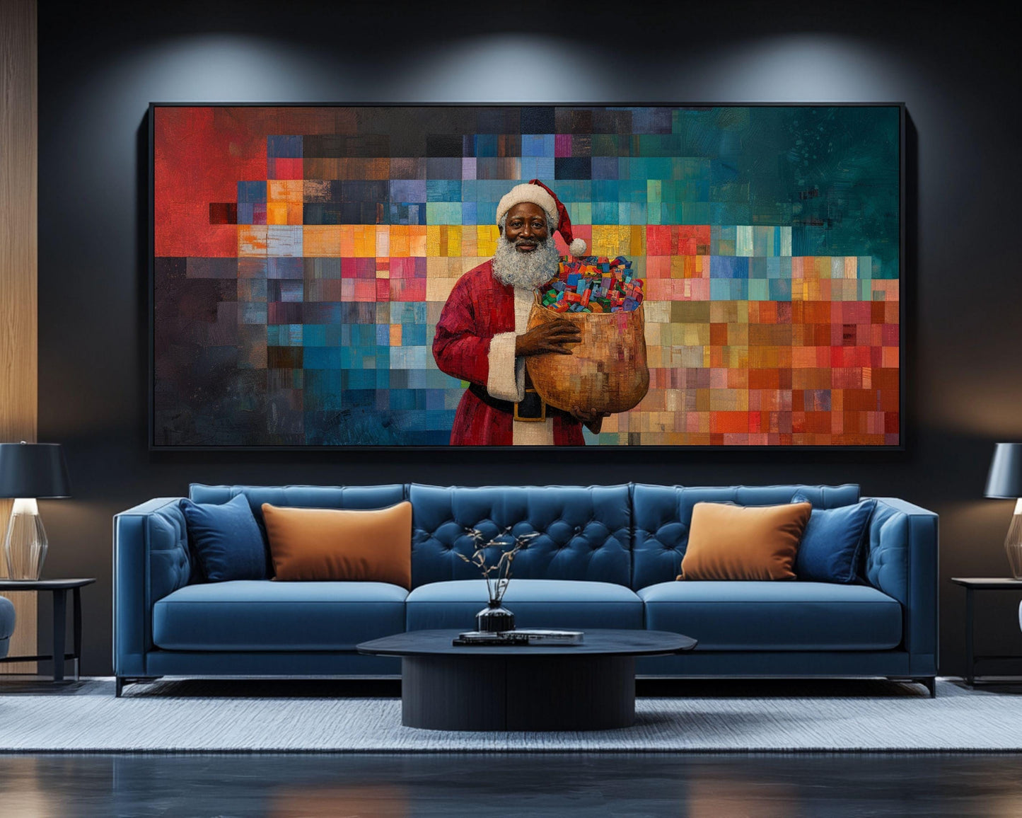 Black Santa with Gifts | Faith Ringgold-Inspired Quilt Art | Holiday Canvas Print | African American Christmas Décor | Black Wall Art