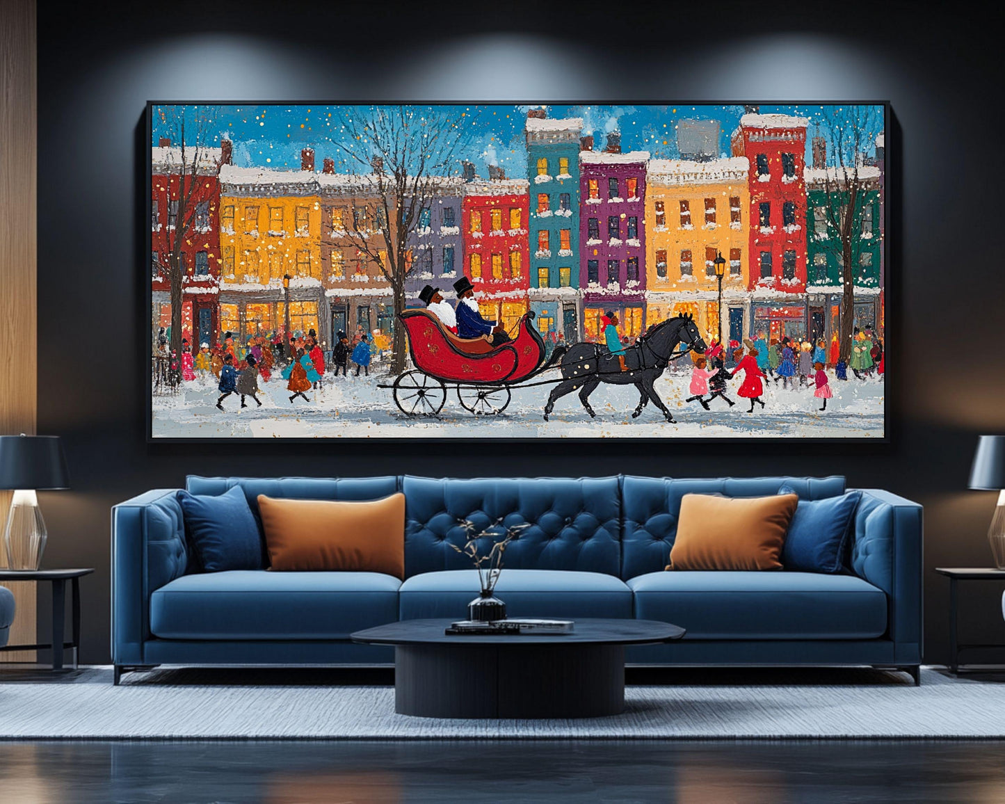 Black Santa Sleigh Ride | Jacob Lawrence-Inspired Art | Colorful City Canvas Print | Christmas Wall Art | African American Holiday Art