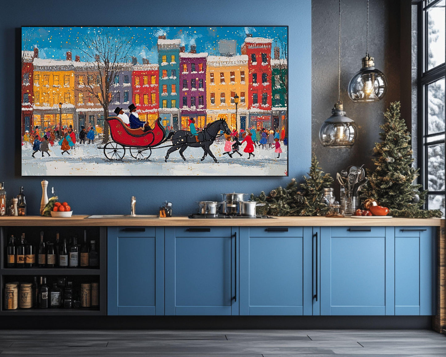 Black Santa Sleigh Ride | Jacob Lawrence-Inspired Art | Colorful City Canvas Print | Christmas Wall Art | African American Holiday Art