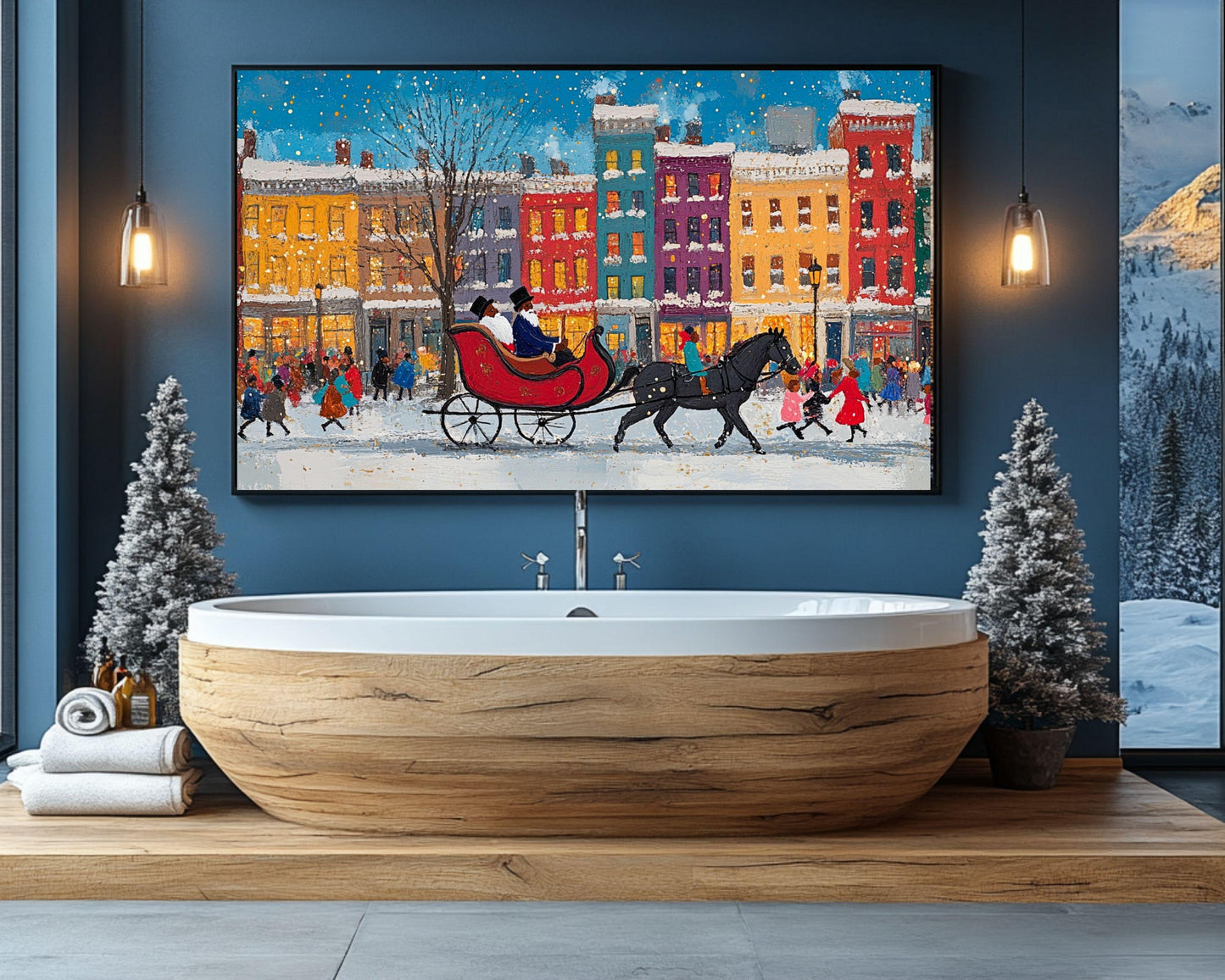 Black Santa Sleigh Ride | Jacob Lawrence-Inspired Art | Colorful City Canvas Print | Christmas Wall Art | African American Holiday Art