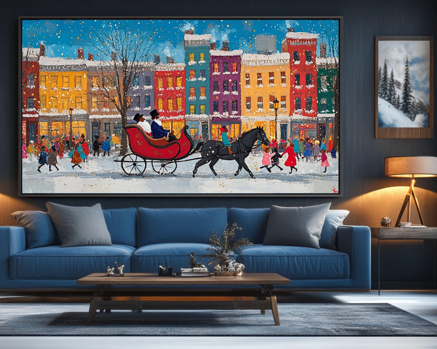 Black Santa Sleigh Ride | Jacob Lawrence-Inspired Art | Colorful City Canvas Print | Christmas Wall Art | African American Holiday Art