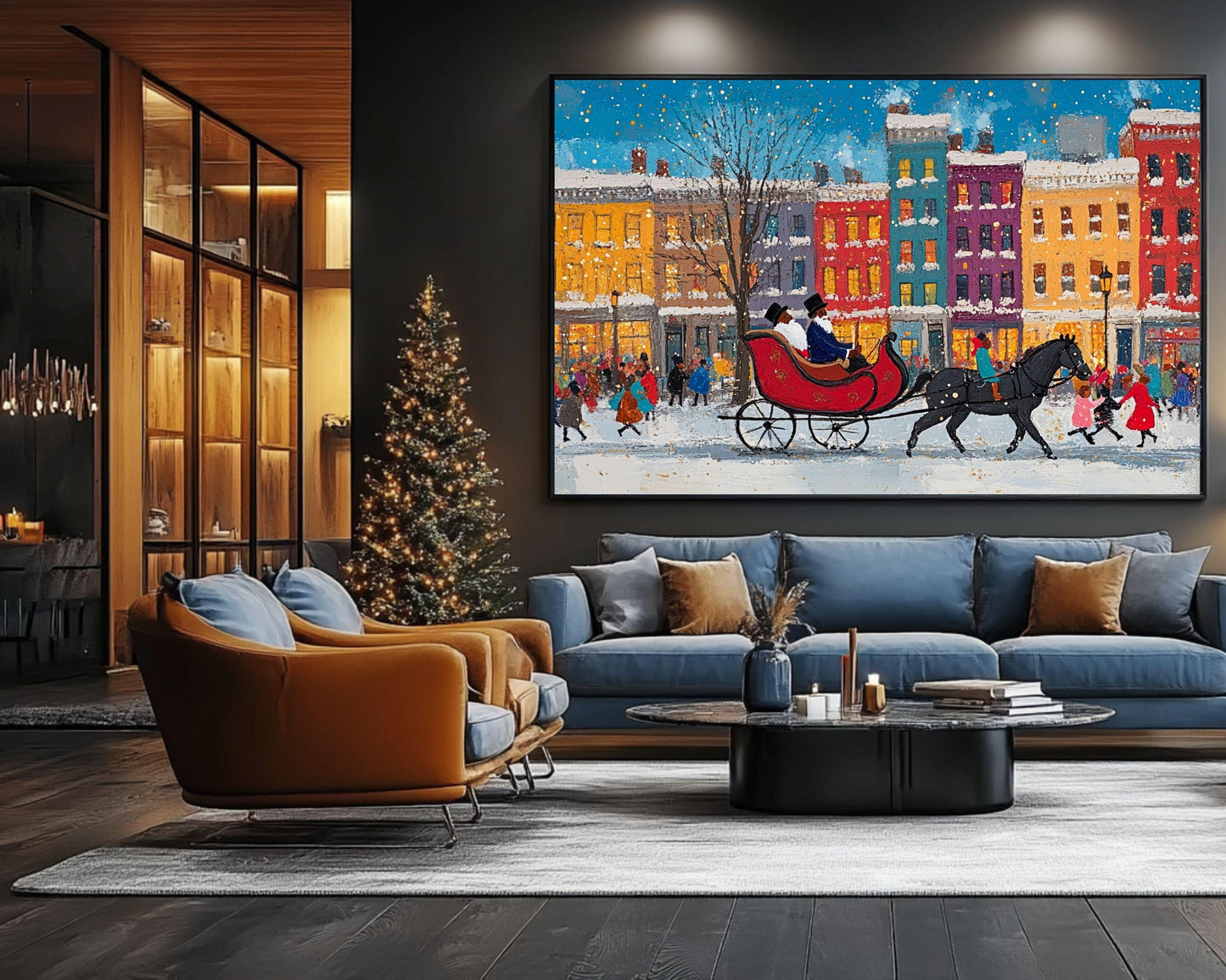 Black Santa Sleigh Ride | Jacob Lawrence-Inspired Art | Colorful City Canvas Print | Christmas Wall Art | African American Holiday Art