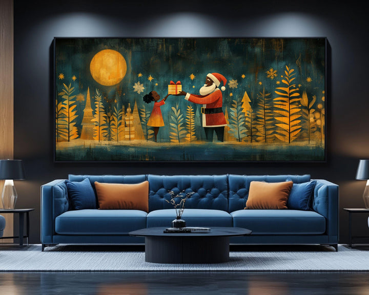Black Santa Giving Gift African American Christmas Wall Art