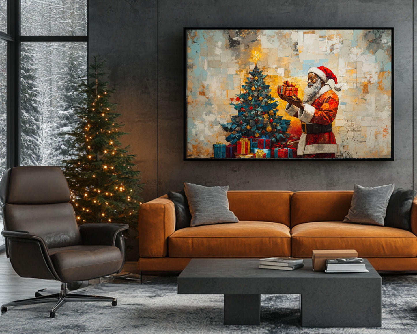 Black Santa Holding a Gift by Christmas Tree | African American Holiday Art | Festive Christmas Wall Decor | Cozy Winter Gift for Home