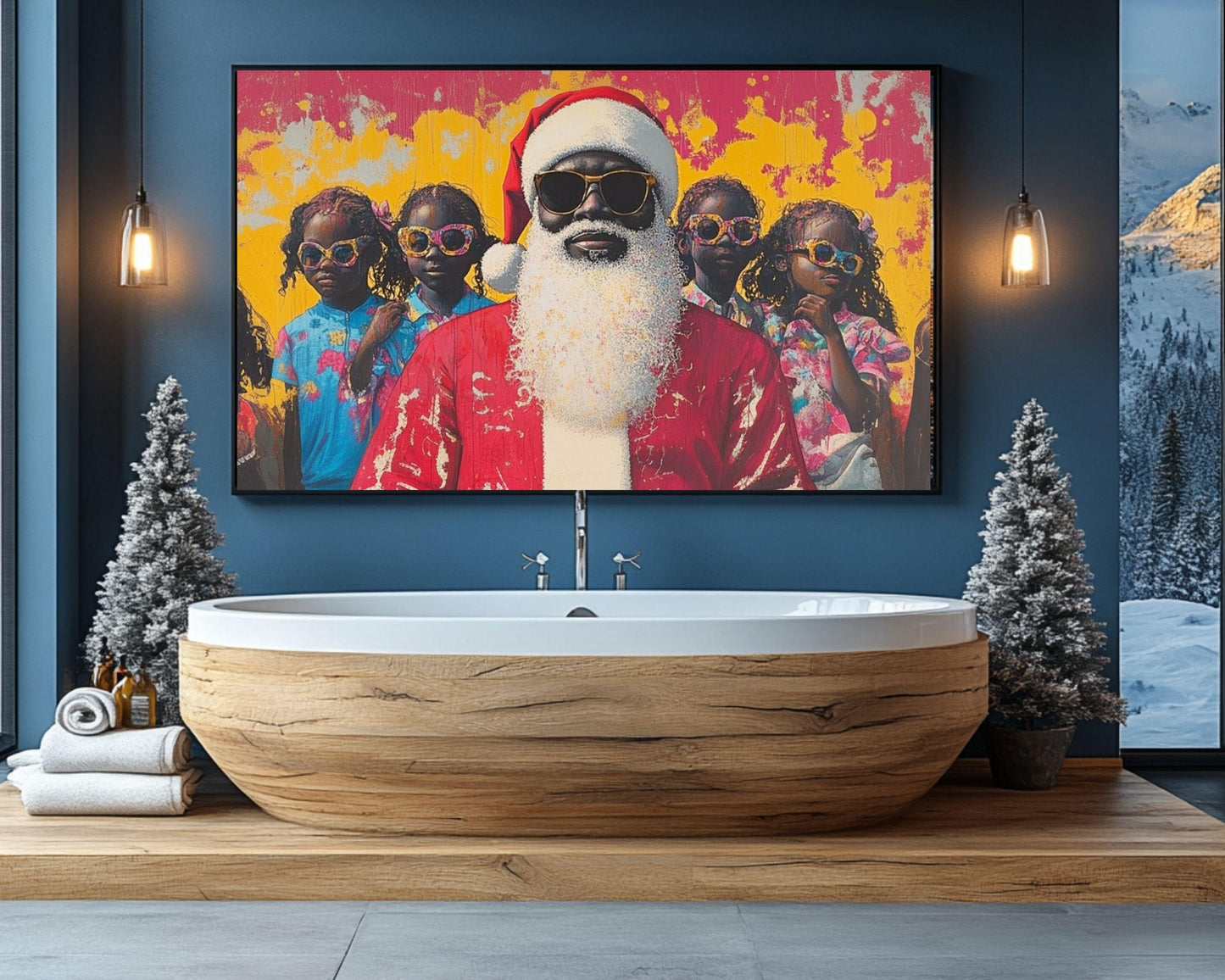 Black Santa with Kids in Summer Vibes | Unique Christmas Wall Art | Festive Holiday Decor | Bold, Colorful Abstract Holiday Art | Xmas Gift