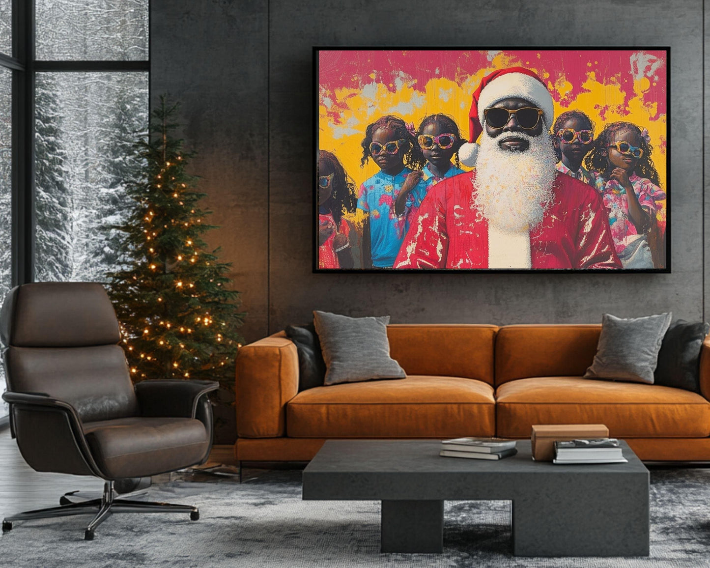 Black Santa with Kids in Summer Vibes | Unique Christmas Wall Art | Festive Holiday Decor | Bold, Colorful Abstract Holiday Art | Xmas Gift