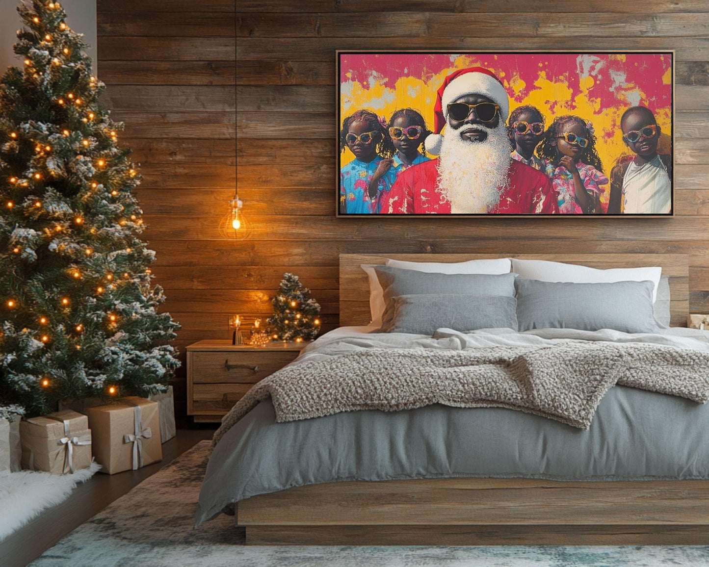 Black Santa with Kids in Summer Vibes | Unique Christmas Wall Art | Festive Holiday Decor | Bold, Colorful Abstract Holiday Art | Xmas Gift