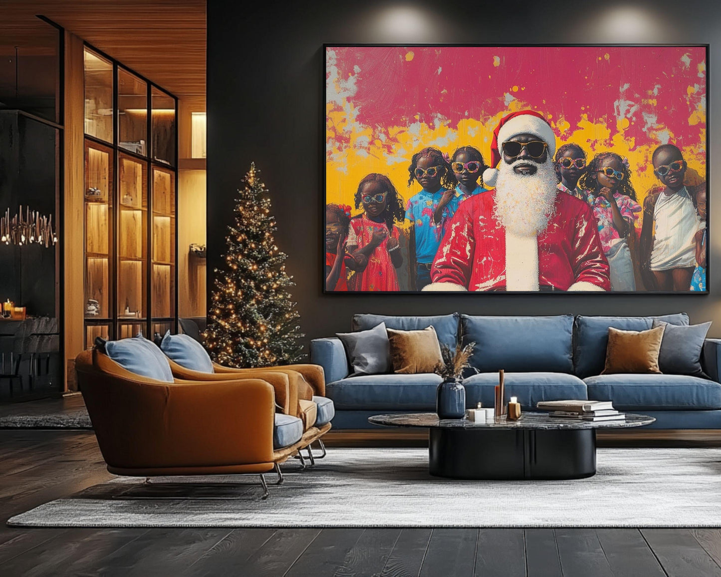 Black Santa with Kids in Summer Vibes | Unique Christmas Wall Art | Festive Holiday Decor | Bold, Colorful Abstract Holiday Art | Xmas Gift