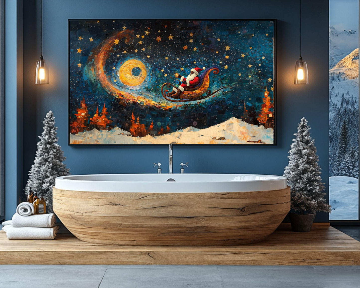 Cosmic Christmas Ride | Black Santa Sleigh Art | Holiday Space Adventure | Winter Night Sky Decor | Unique Christmas Gift