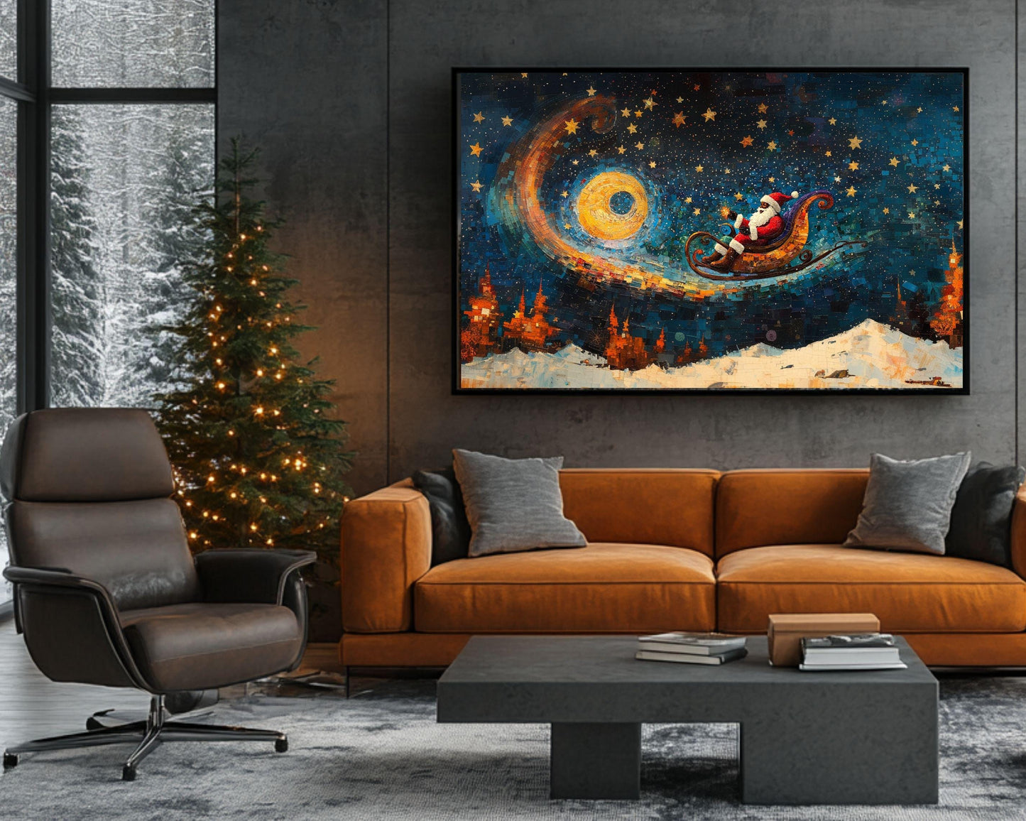 Cosmic Christmas Ride | Black Santa Sleigh Art | Holiday Space Adventure | Winter Night Sky Decor | Unique Christmas Gift