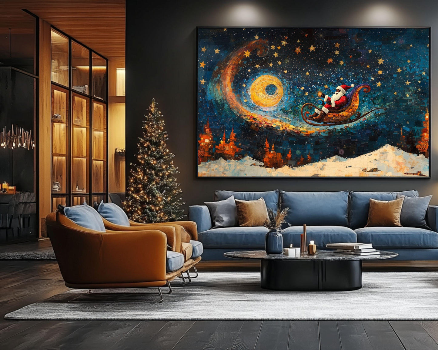 Cosmic Christmas Ride | Black Santa Sleigh Art | Holiday Space Adventure | Winter Night Sky Decor | Unique Christmas Gift