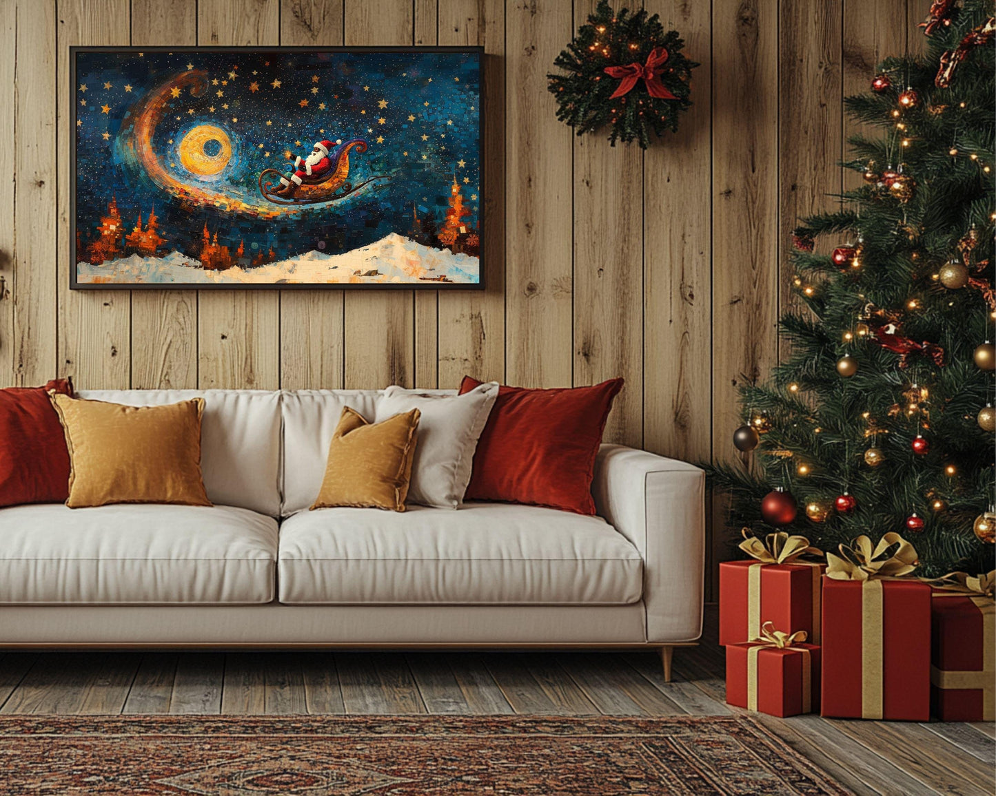 Cosmic Christmas Ride | Black Santa Sleigh Art | Holiday Space Adventure | Winter Night Sky Decor | Unique Christmas Gift