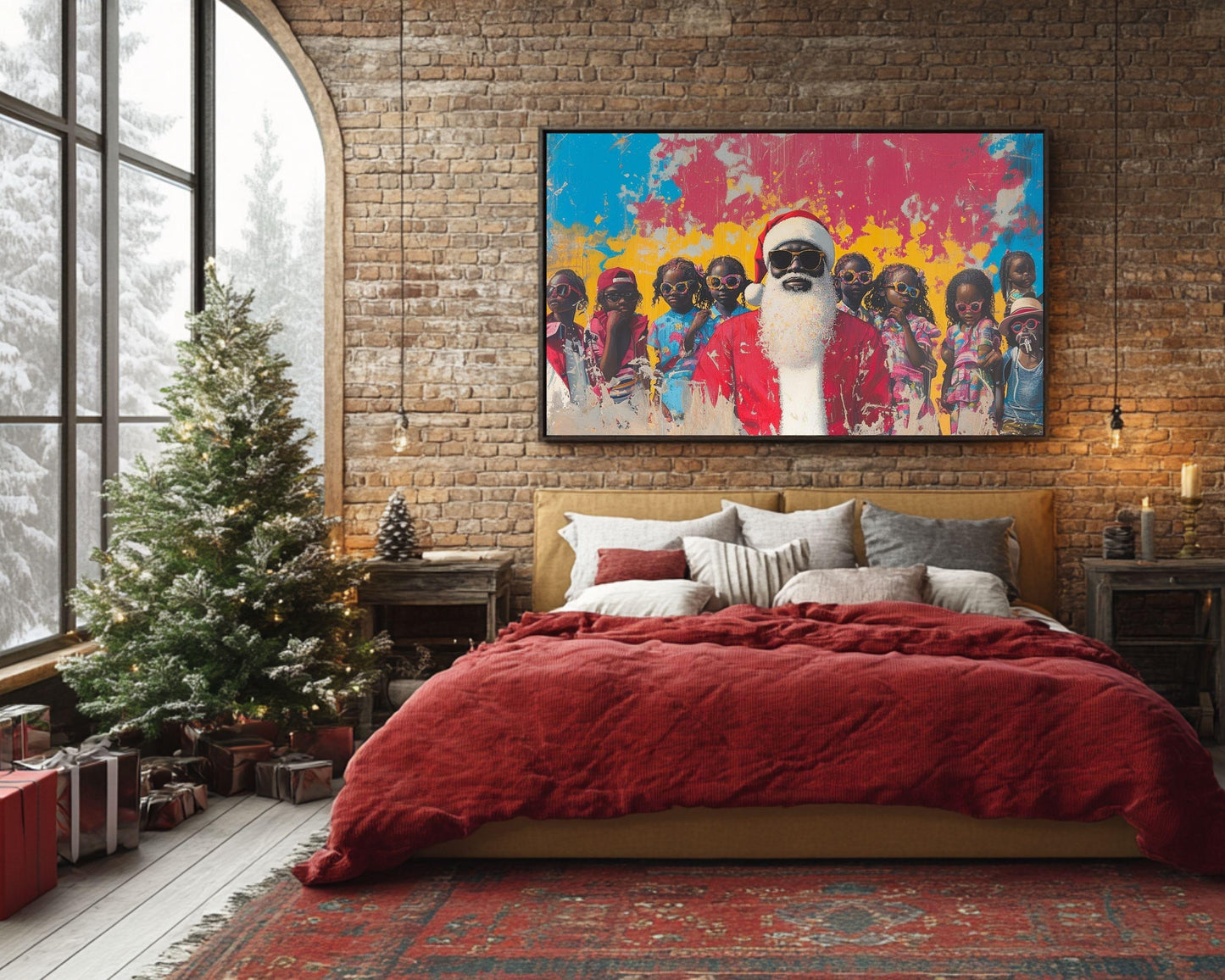 Black Santa with Cool Kids in Sunglasses | Colorful Christmas Wall Art | African American Holiday Decor | Fall and Christmas Art