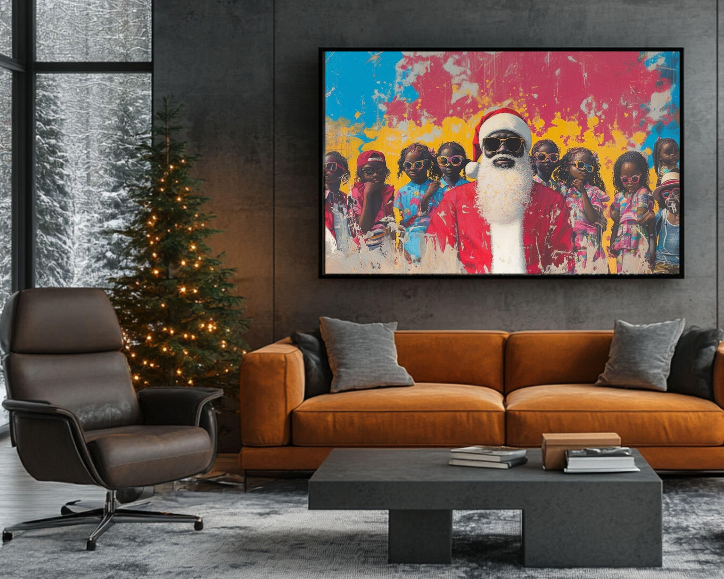 Black Santa with Cool Kids in Sunglasses | Colorful Christmas Wall Art | African American Holiday Decor | Fall and Christmas Art