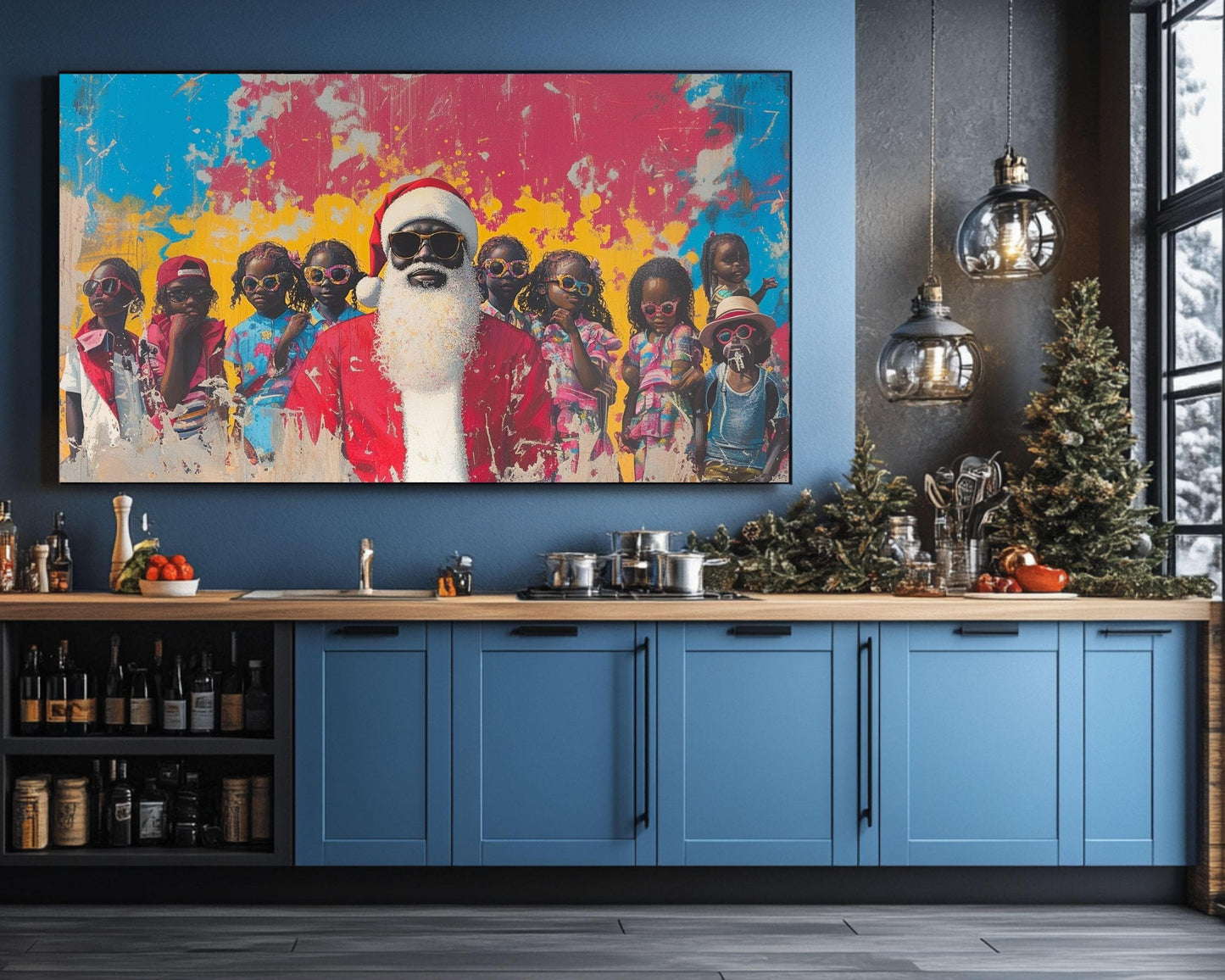 Black Santa with Cool Kids in Sunglasses | Colorful Christmas Wall Art | African American Holiday Decor | Fall and Christmas Art