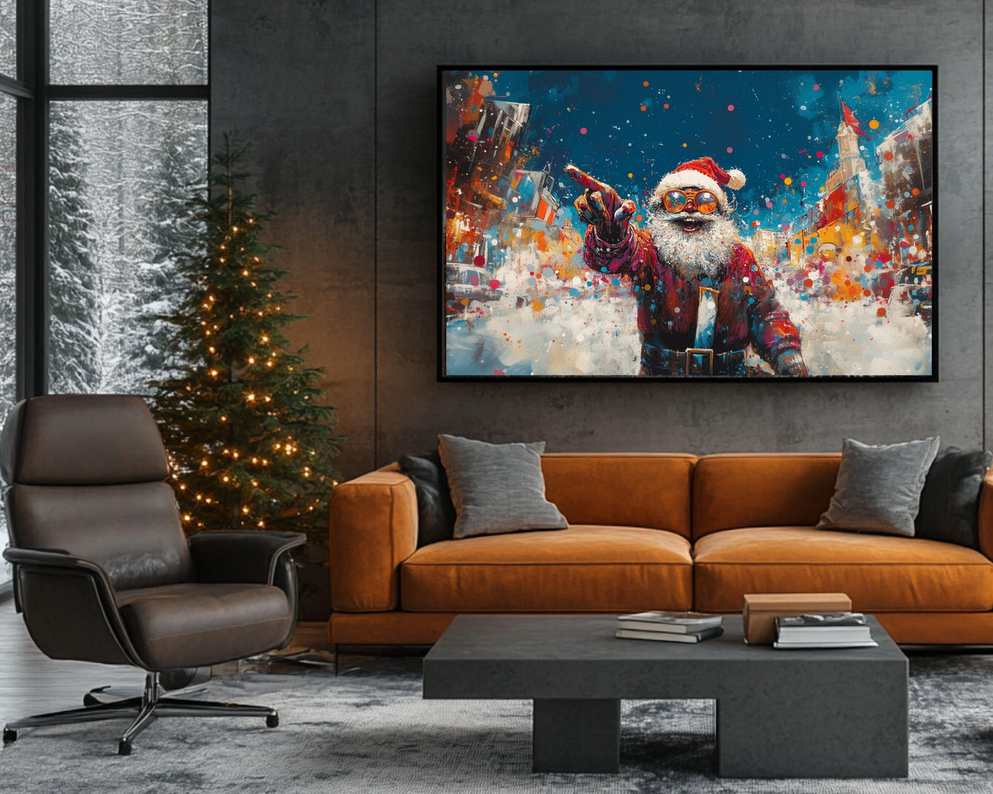 Abstract Black Santa in a Snowy City | Basquiat-Inspired Christmas Wall Art | Urban Holiday Decor | Vibrant African American Christmas Scene