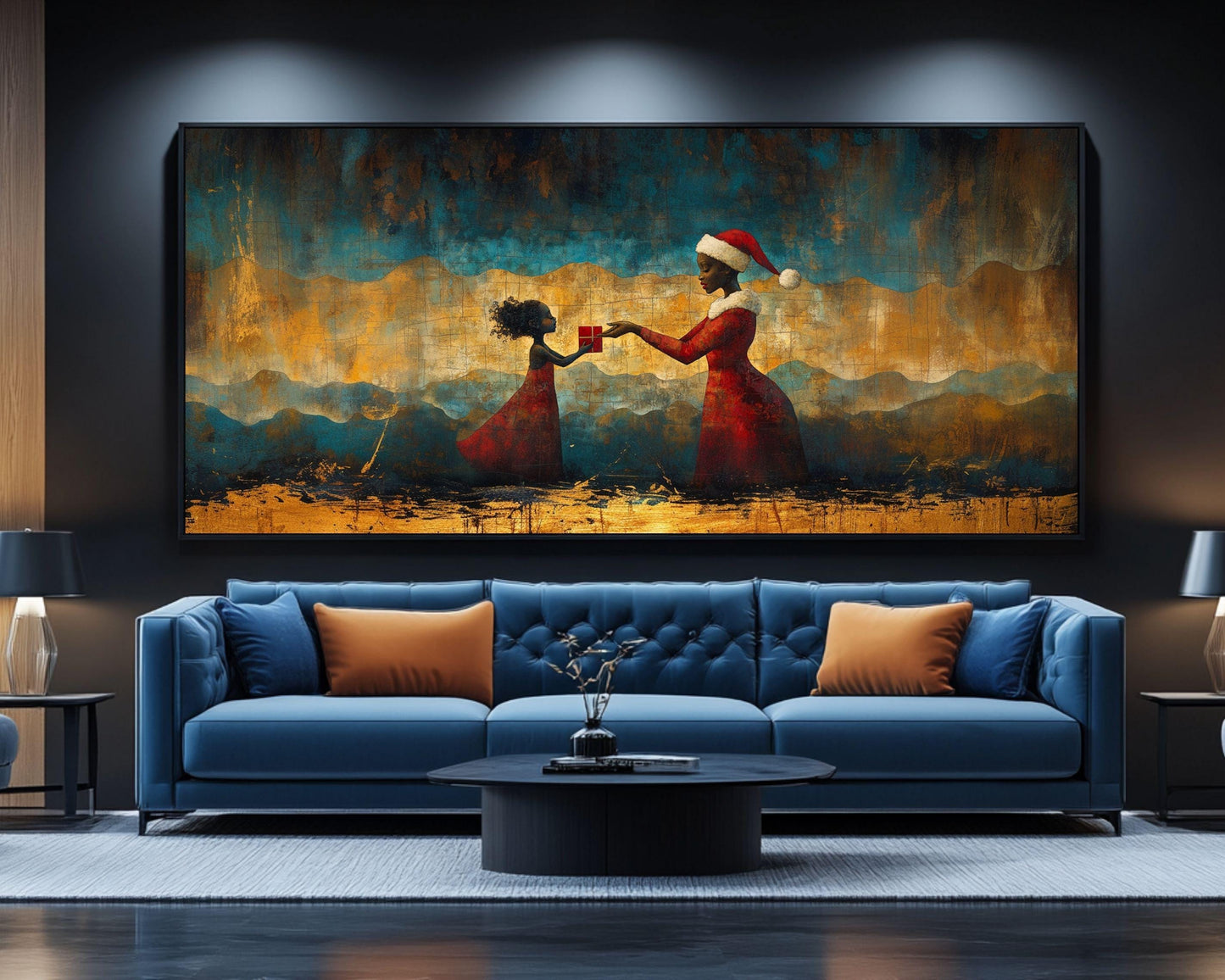 Black Santa Handing Gift to Child | African American Christmas Wall Art | Warm Festive Holiday Decor | Red and Gold Christmas Scene