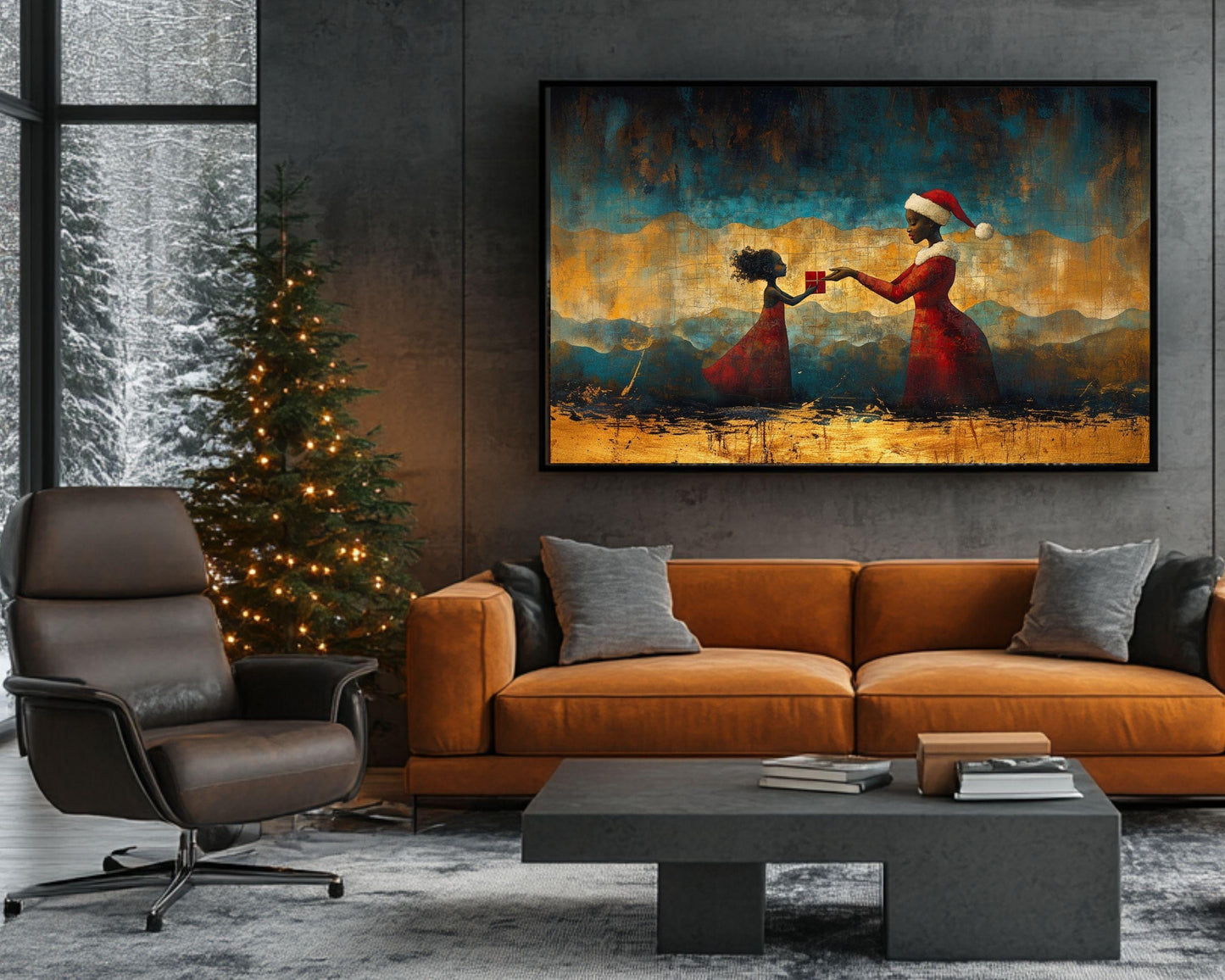 Black Santa Handing Gift to Child | African American Christmas Wall Art | Warm Festive Holiday Decor | Red and Gold Christmas Scene