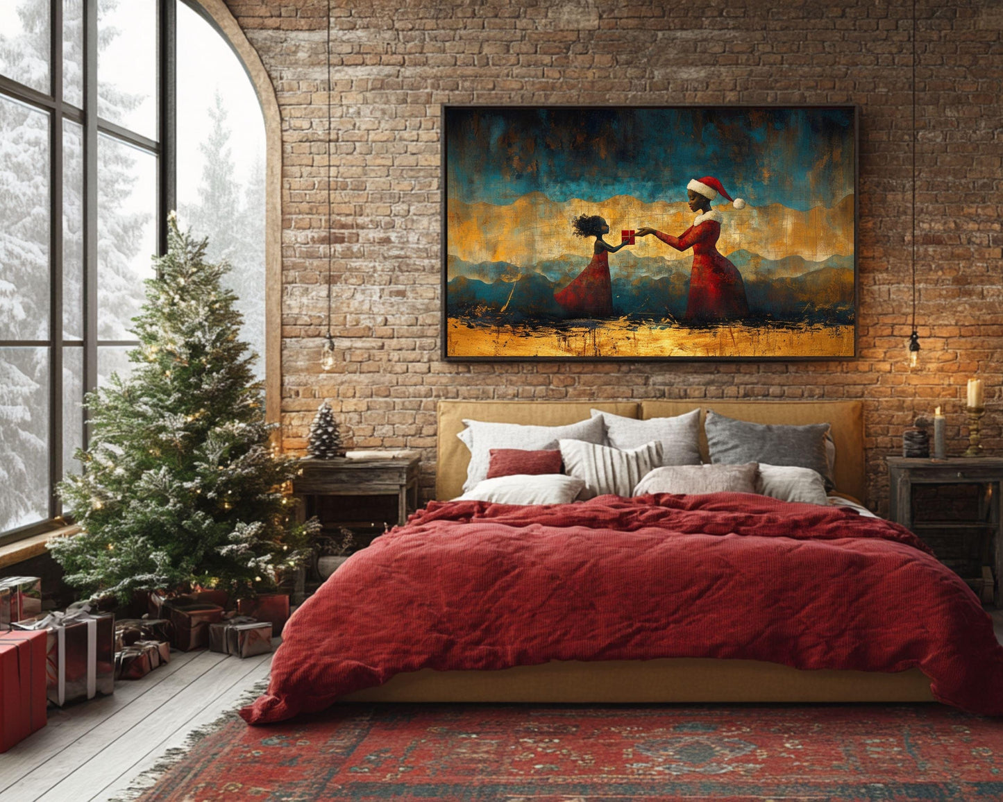 Black Santa Handing Gift to Child | African American Christmas Wall Art | Warm Festive Holiday Decor | Red and Gold Christmas Scene