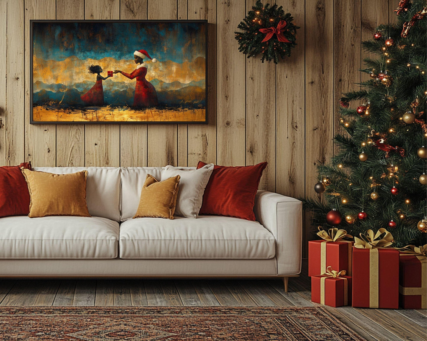 Black Santa Handing Gift to Child | African American Christmas Wall Art | Warm Festive Holiday Decor | Red and Gold Christmas Scene