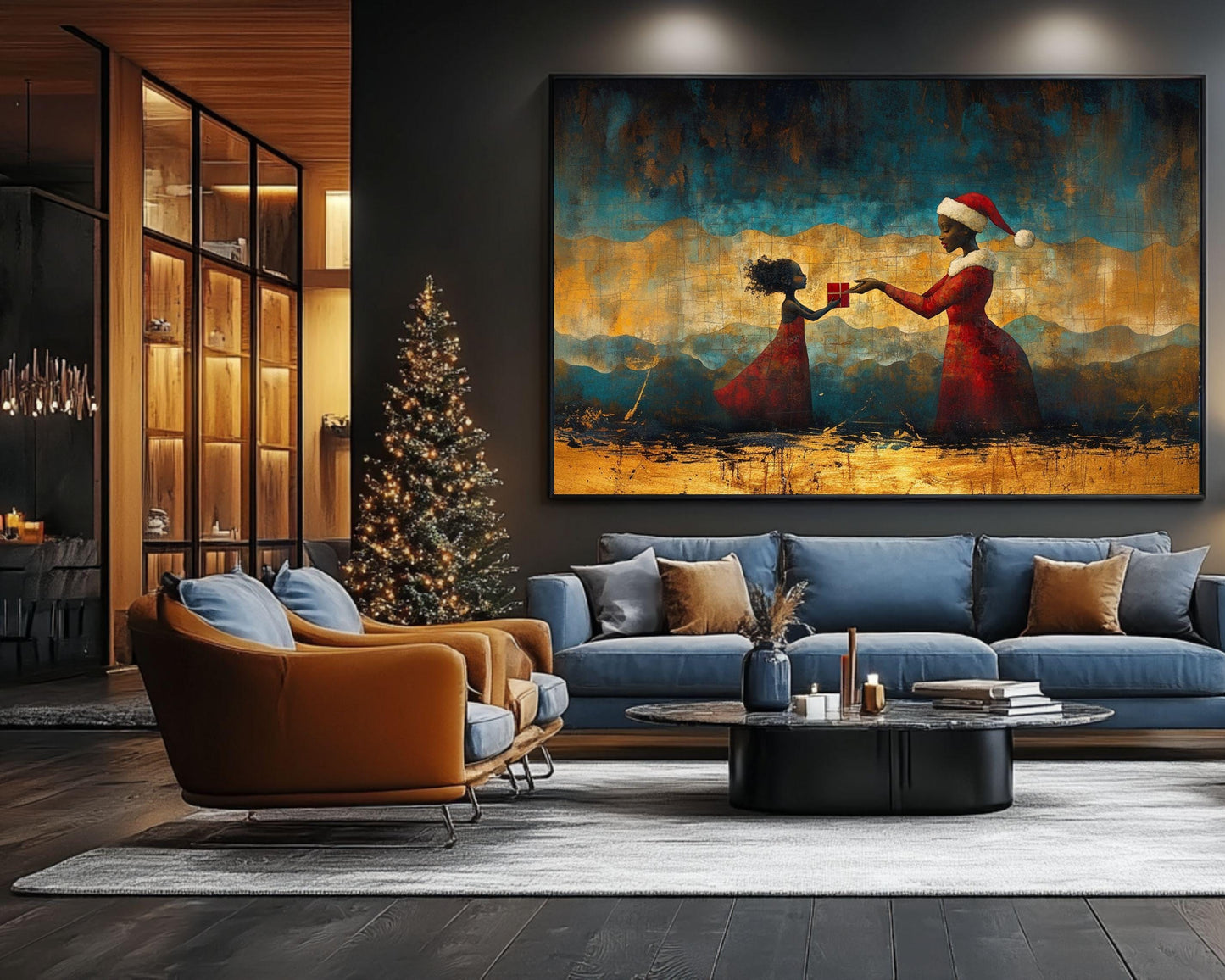 Black Santa Handing Gift to Child | African American Christmas Wall Art | Warm Festive Holiday Decor | Red and Gold Christmas Scene