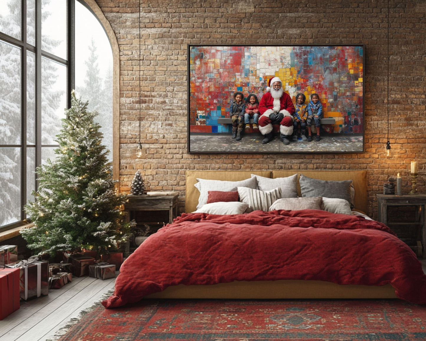 Black Santa with Children | Mickalene Thomas-Inspired Christmas Art | African American Holiday Decor | Colorful Wall Art