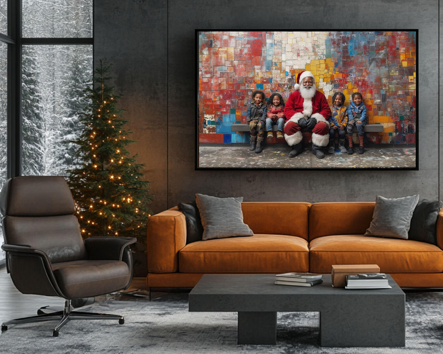 Black Santa with Children | Mickalene Thomas-Inspired Christmas Art | African American Holiday Decor | Colorful Wall Art