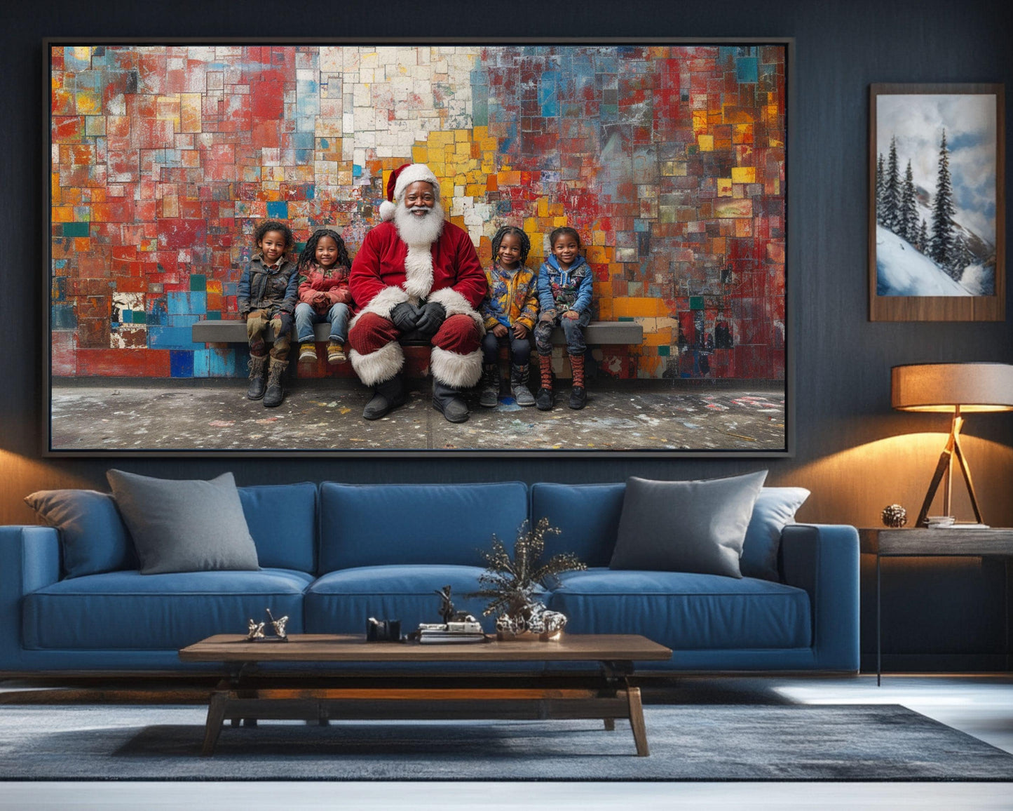 Black Santa with Children | Mickalene Thomas-Inspired Christmas Art | African American Holiday Decor | Colorful Wall Art