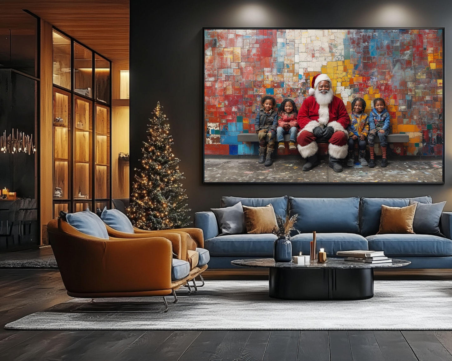 Black Santa with Children | Mickalene Thomas-Inspired Christmas Art | African American Holiday Decor | Colorful Wall Art