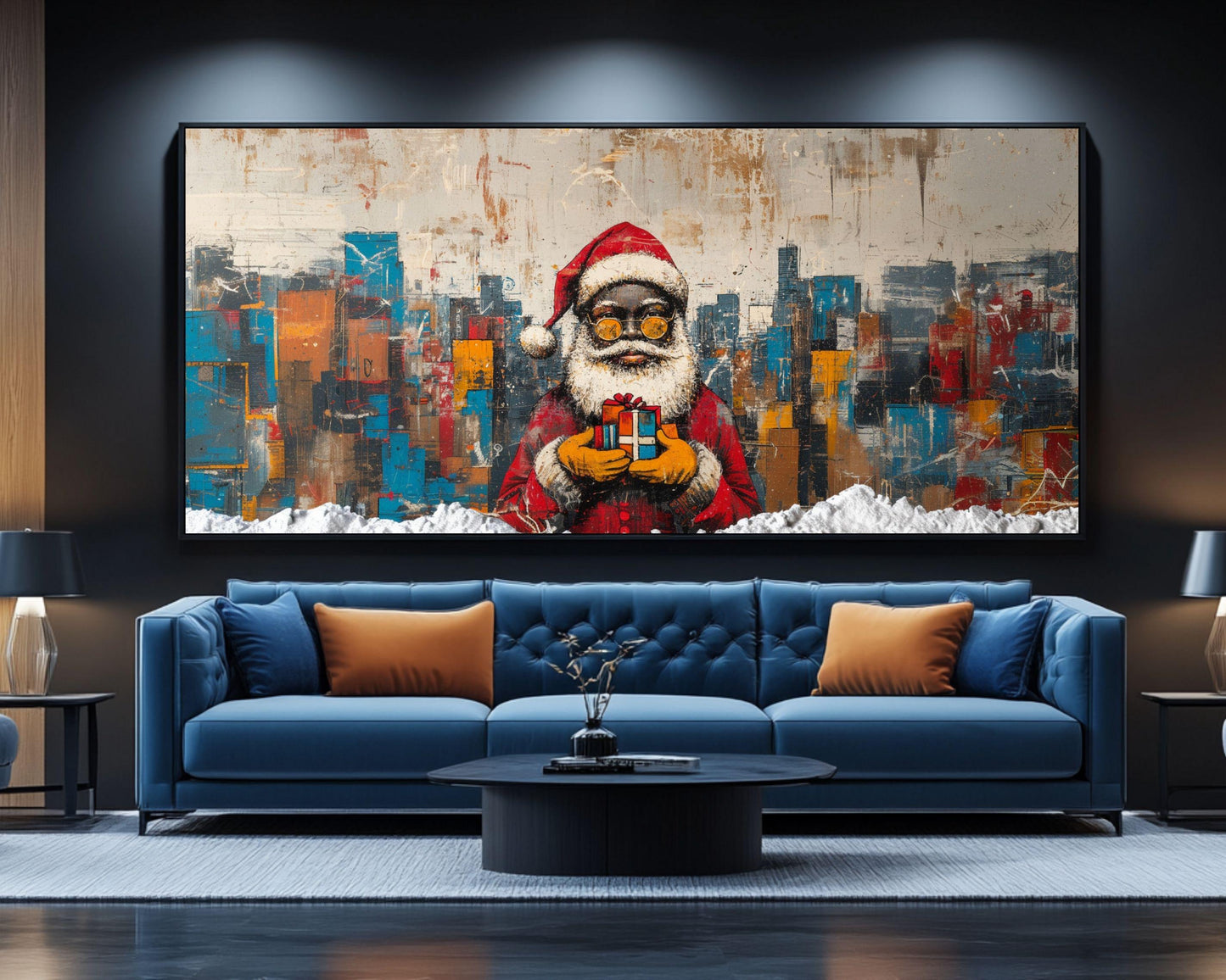 Abstract Black Santa with Gift in Cityscape | Basquiat-Inspired Christmas Art | African American Christmas Decor | Urban Wall Art