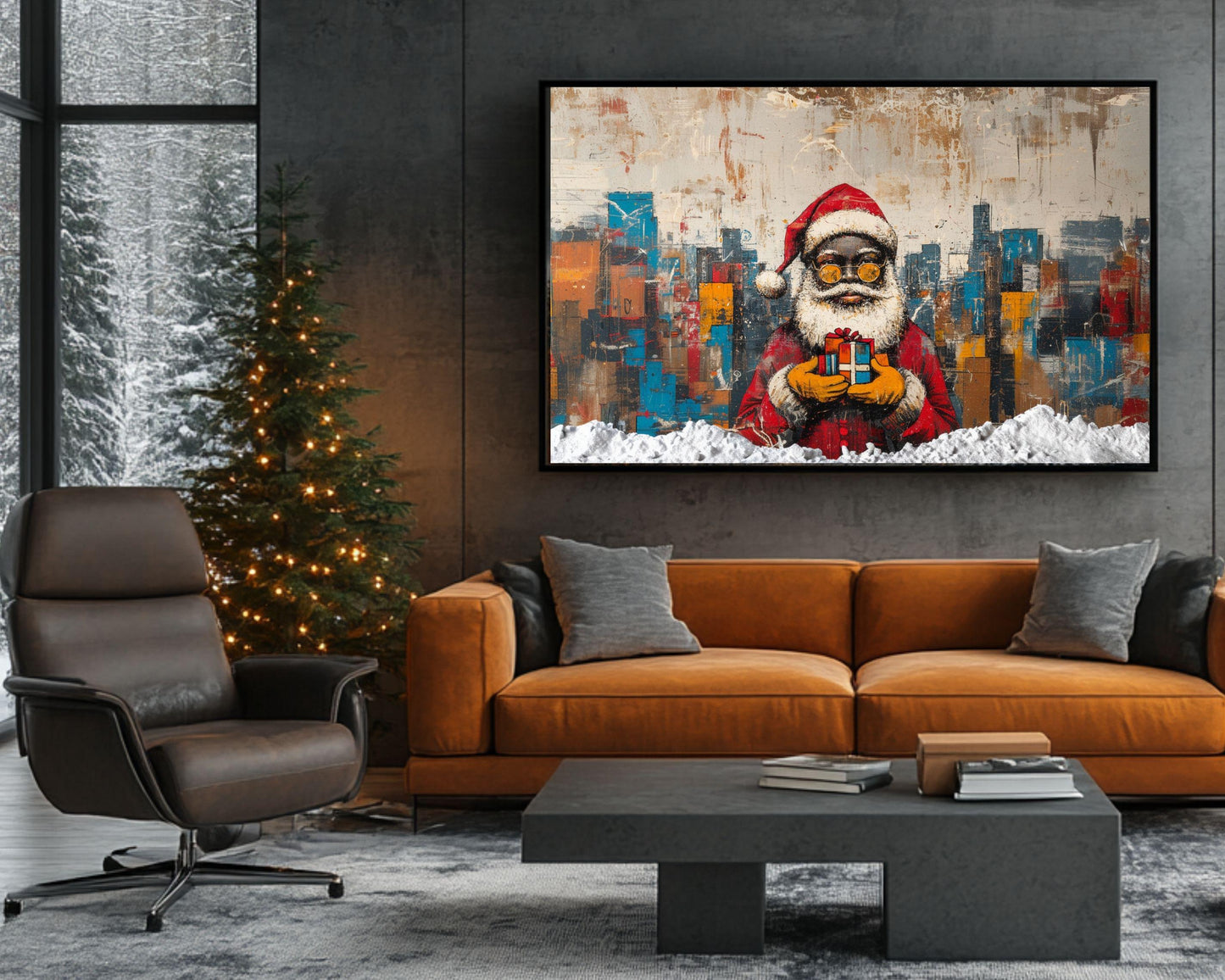 Abstract Black Santa with Gift in Cityscape | Basquiat-Inspired Christmas Art | African American Christmas Decor | Urban Wall Art